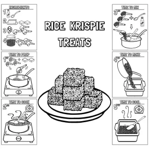 Photo of 10 page Rice Krispie Treats recipe and 6 examples of the recipe pages surrounding the recipe photo