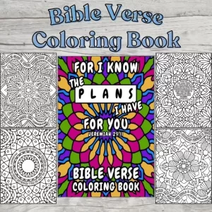 Photo of Bible verse coloring book with 4 examples of the interior coloring pages surrounding a photo of the book cover