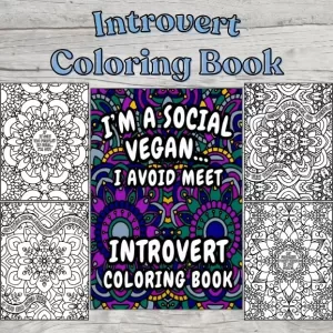 Photo of introvert coloring book with 4 examples of the interior coloring pages surrounding a photo of the book cover