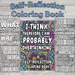 Photo of self-reflection coloring book with 4 examples of the interior coloring pages surrounding a photo of the book cover