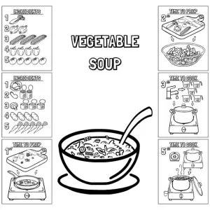 Photo of 11-page vegetable soup recipe with 6 examples of the recipe pages surrounding the recipe photo